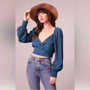 Band of the Free Camille Teal Satin Crossover Crop Top Size Small NWT